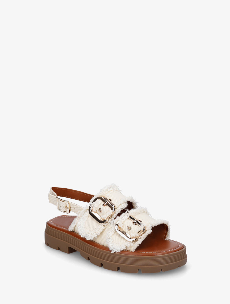 Claquettes en denim à bords effilochés - Beige - 2
