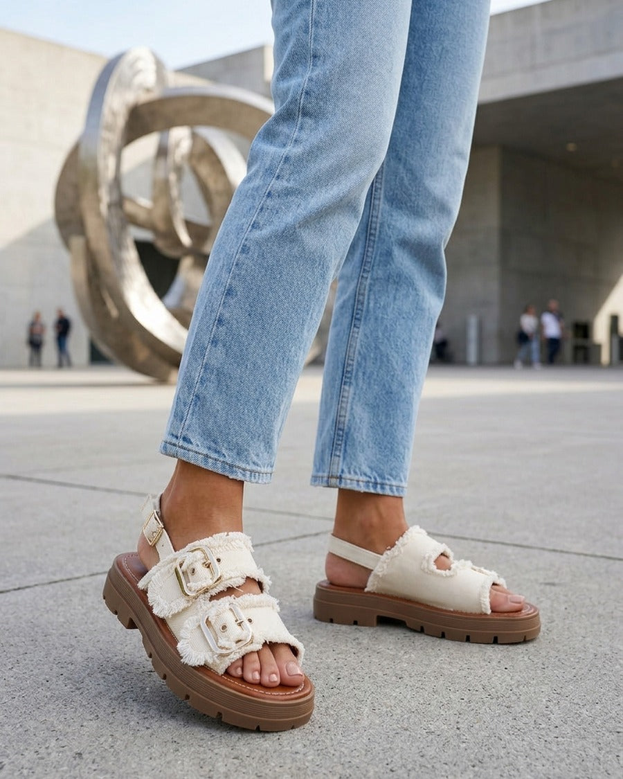 Claquettes en denim à bords effilochés - Beige