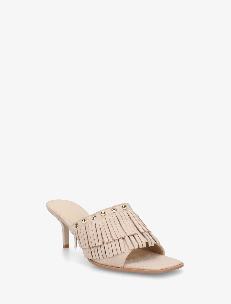 Mules en suédine à franges et clous - Beige - 2