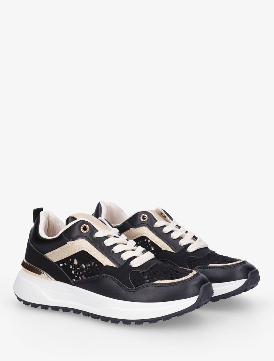 Sneakers en simili et en crochet - Noir - 4