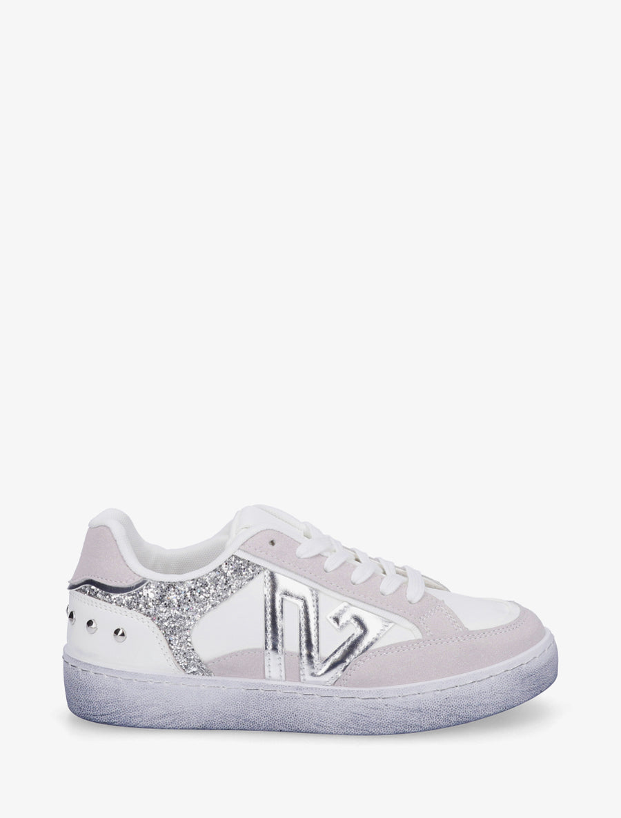 Sneakers à bande pailletée et contrefort clouté - Blanc - 1
