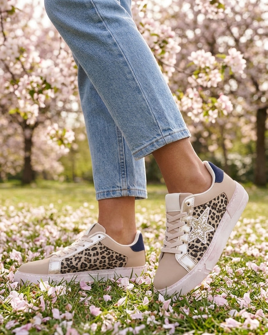 Sneakers en simili à motif étoile - Taupe
