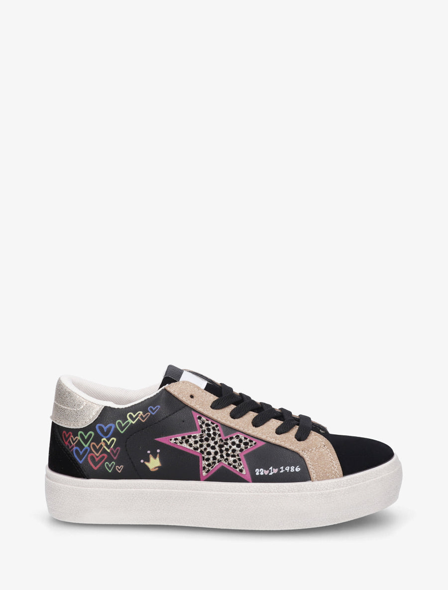 Sneakers floqués à semelle effet vintage - Noir - 1