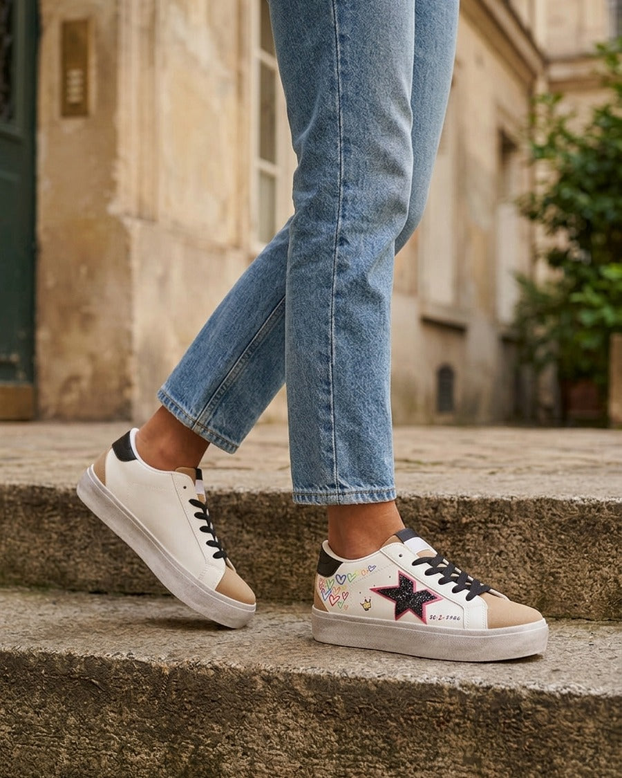 Sneakers floqués à semelle effet vintage - Taupe
