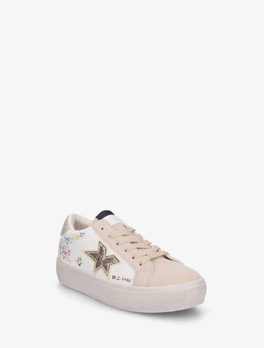 Sneakers floqués à semelle effet vintage - Beige - 2