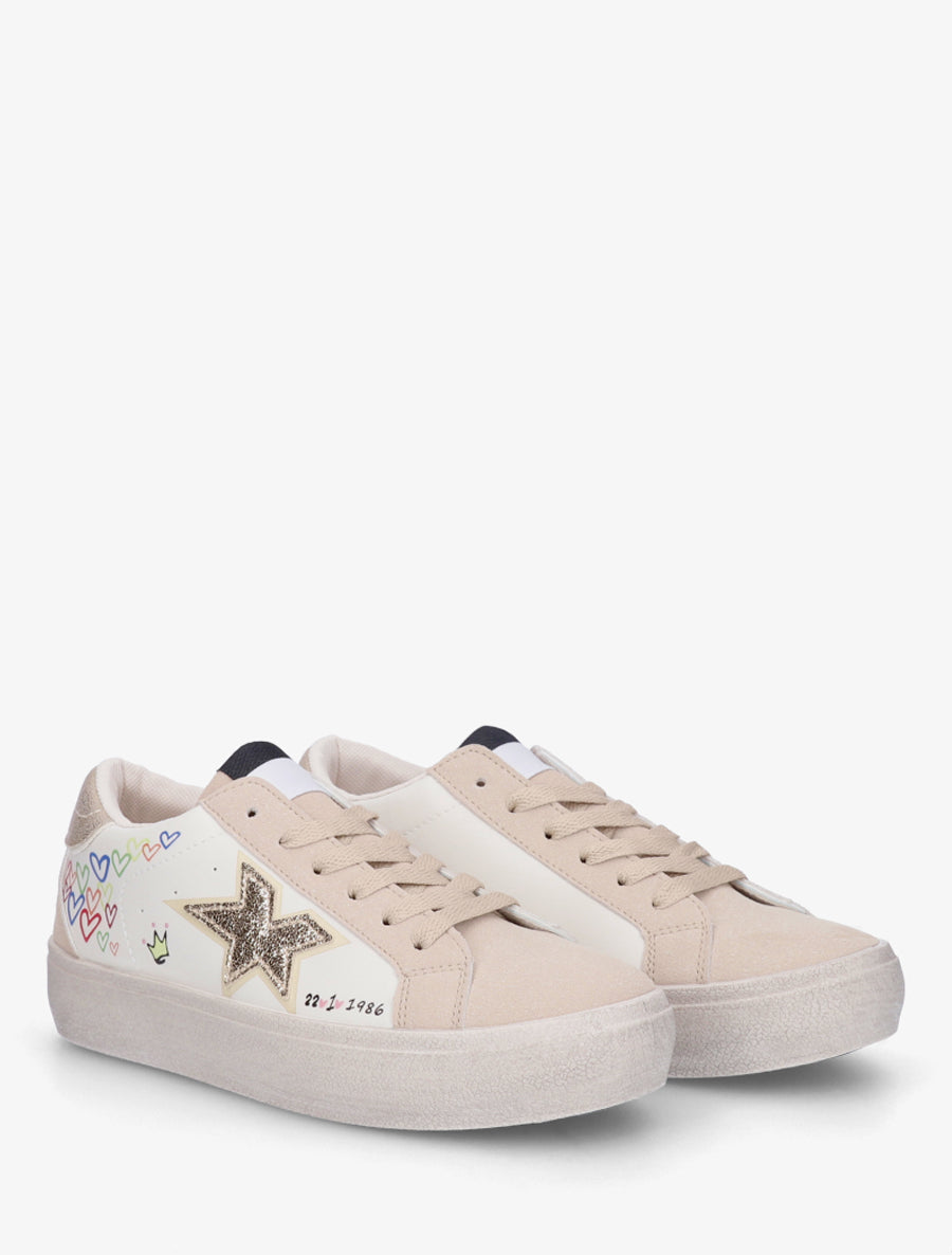 Sneakers floqués à semelle effet vintage - Beige - 4