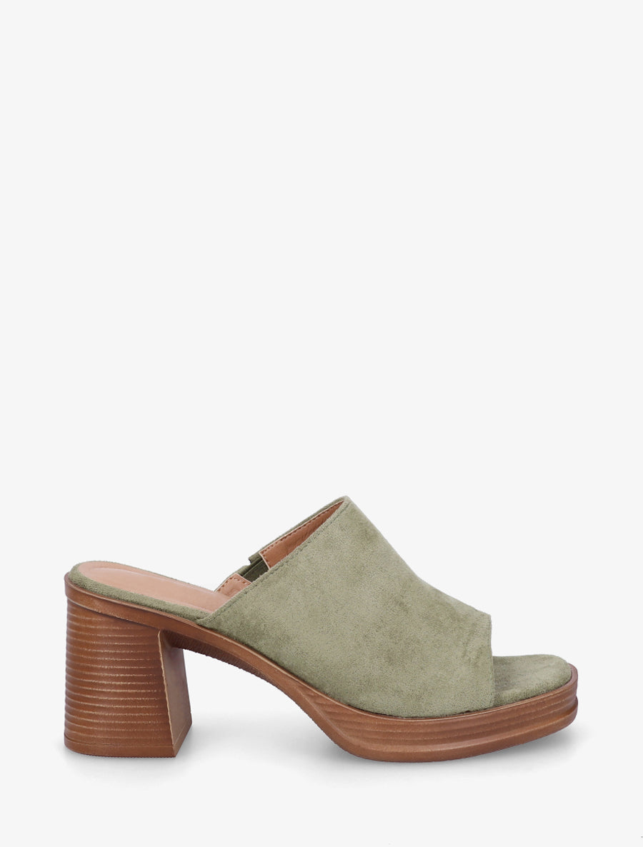 Mules en suédine à talon carré - Kaki - 1