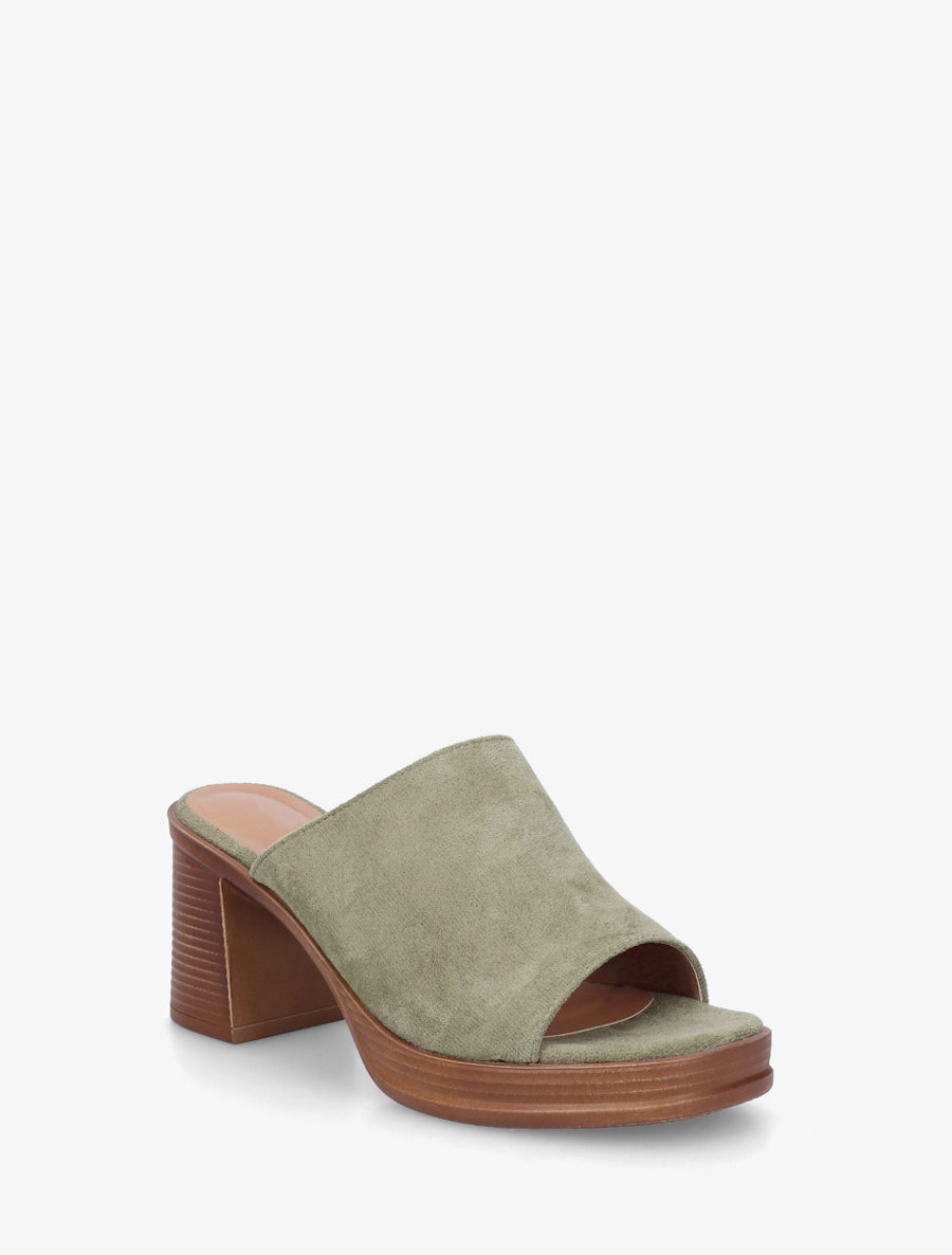 Mules en suédine à talon carré - Kaki - 2