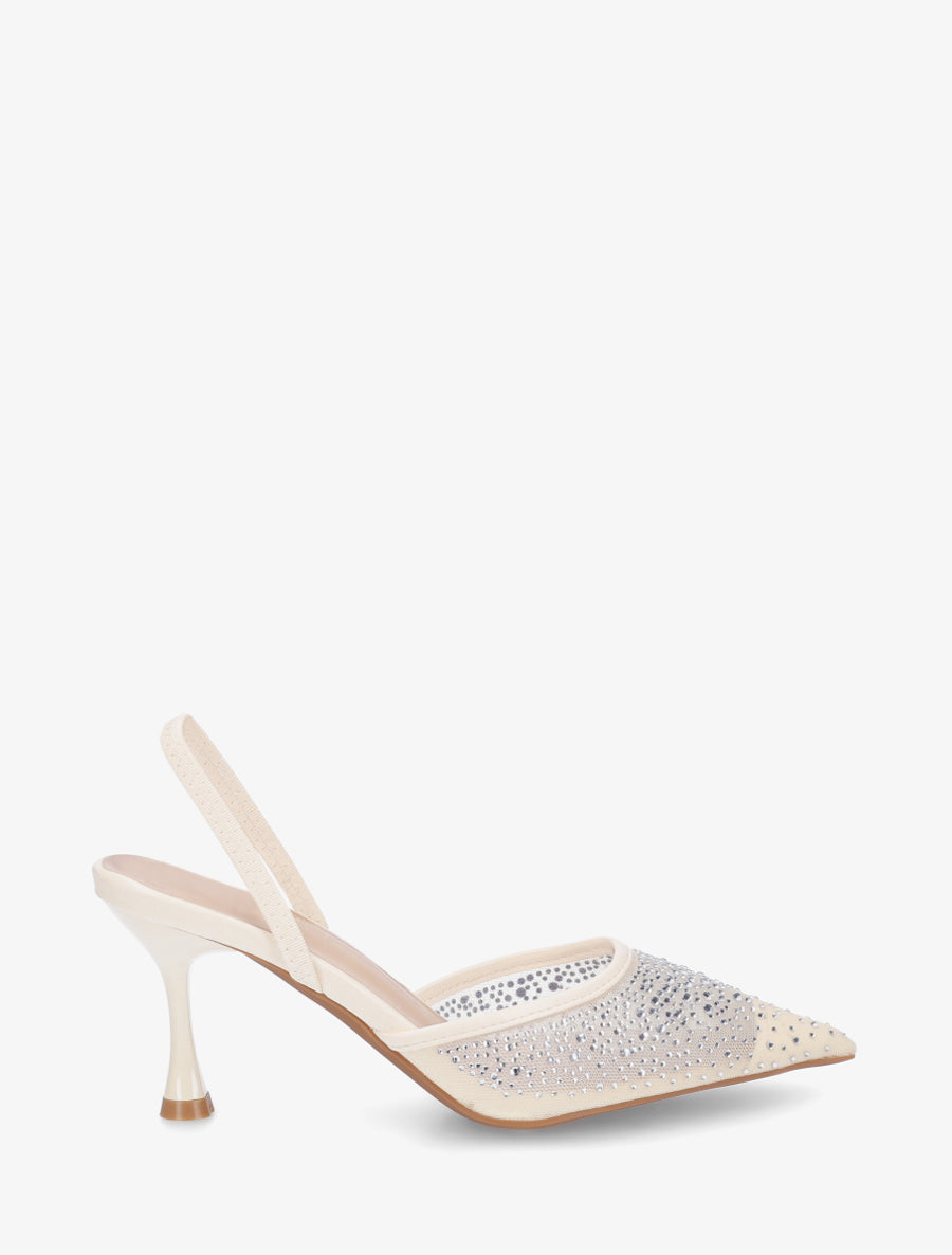 Escarpins en toile strassées à talon aiguille - Beige - 1