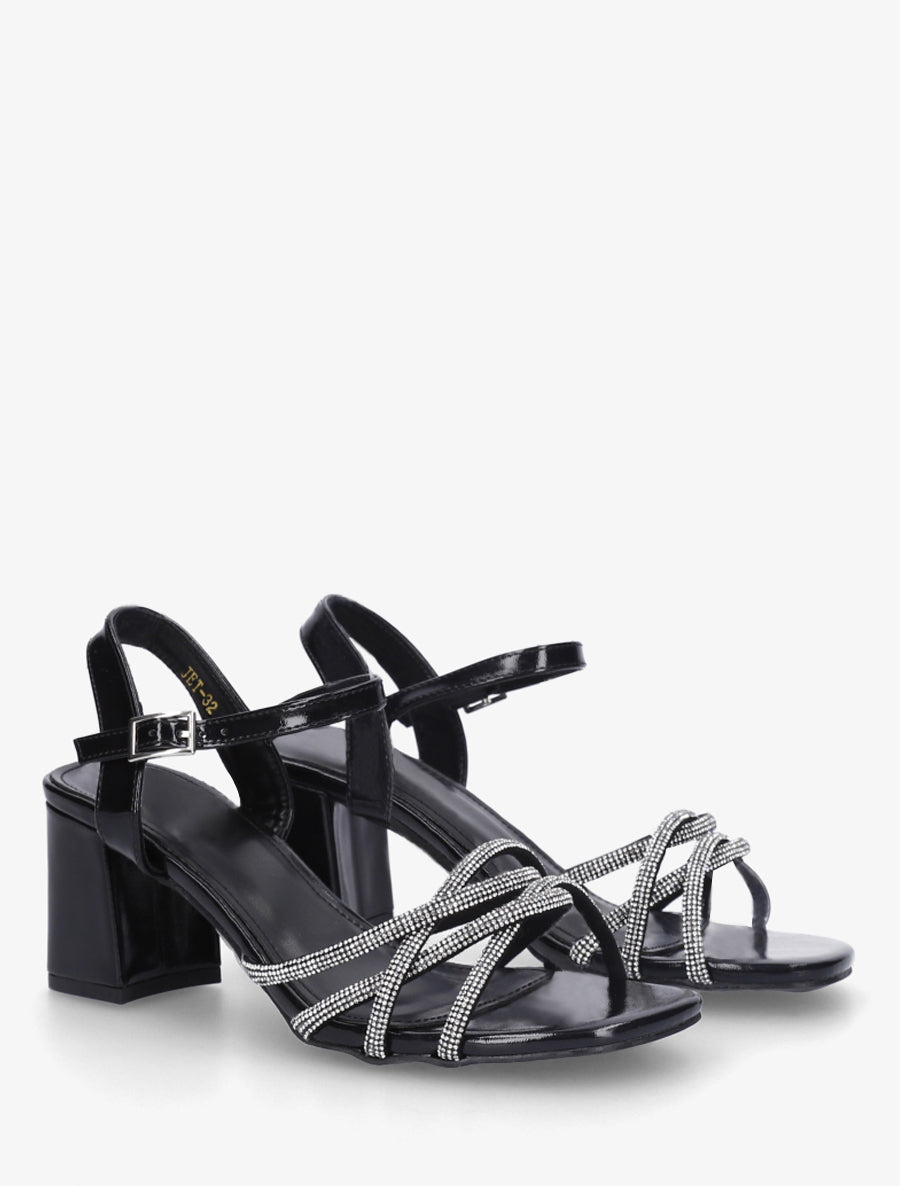 Sandales à talon et brides croisées strassées - Noir - 4