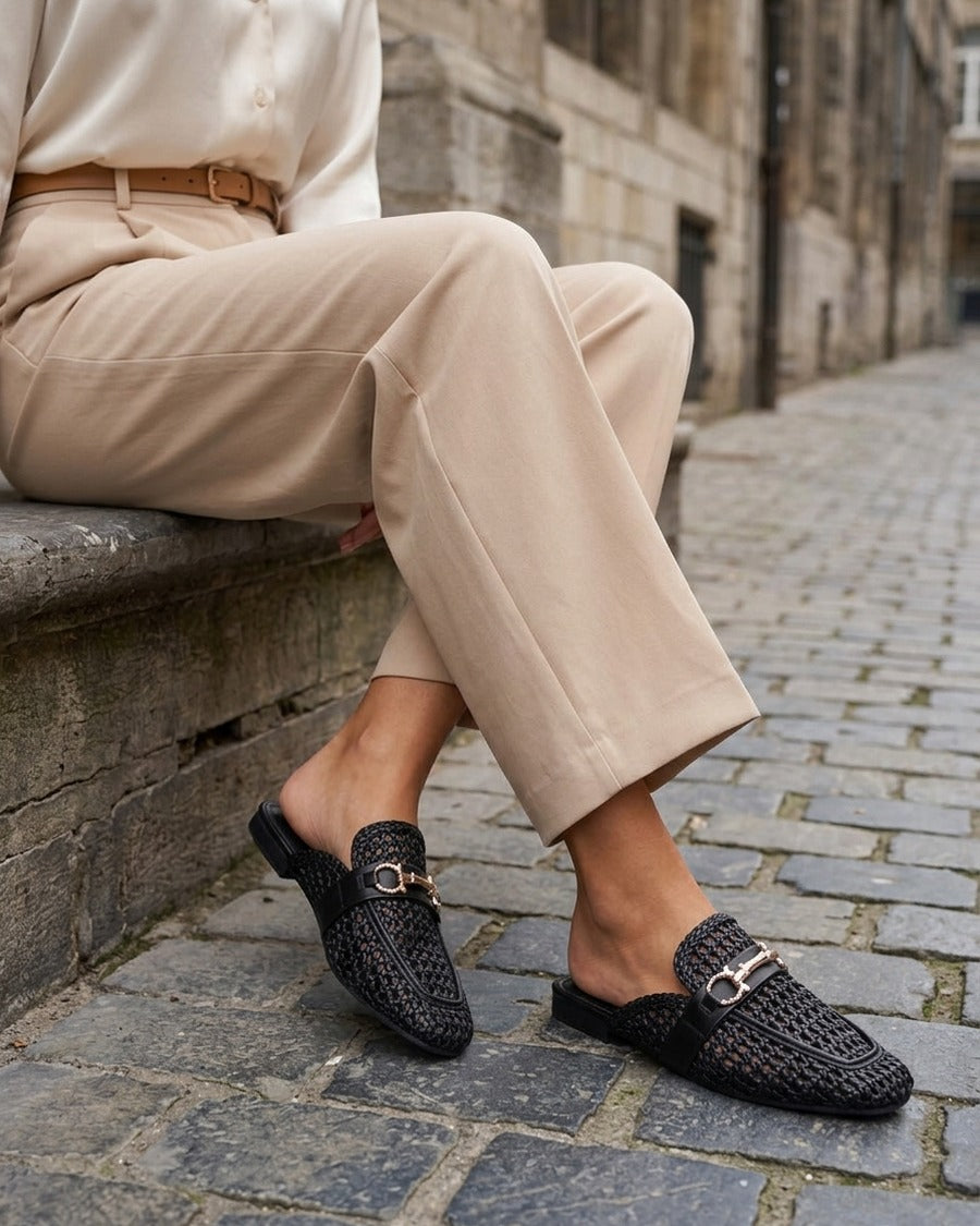 Mules fermées en simili tressé - Noir