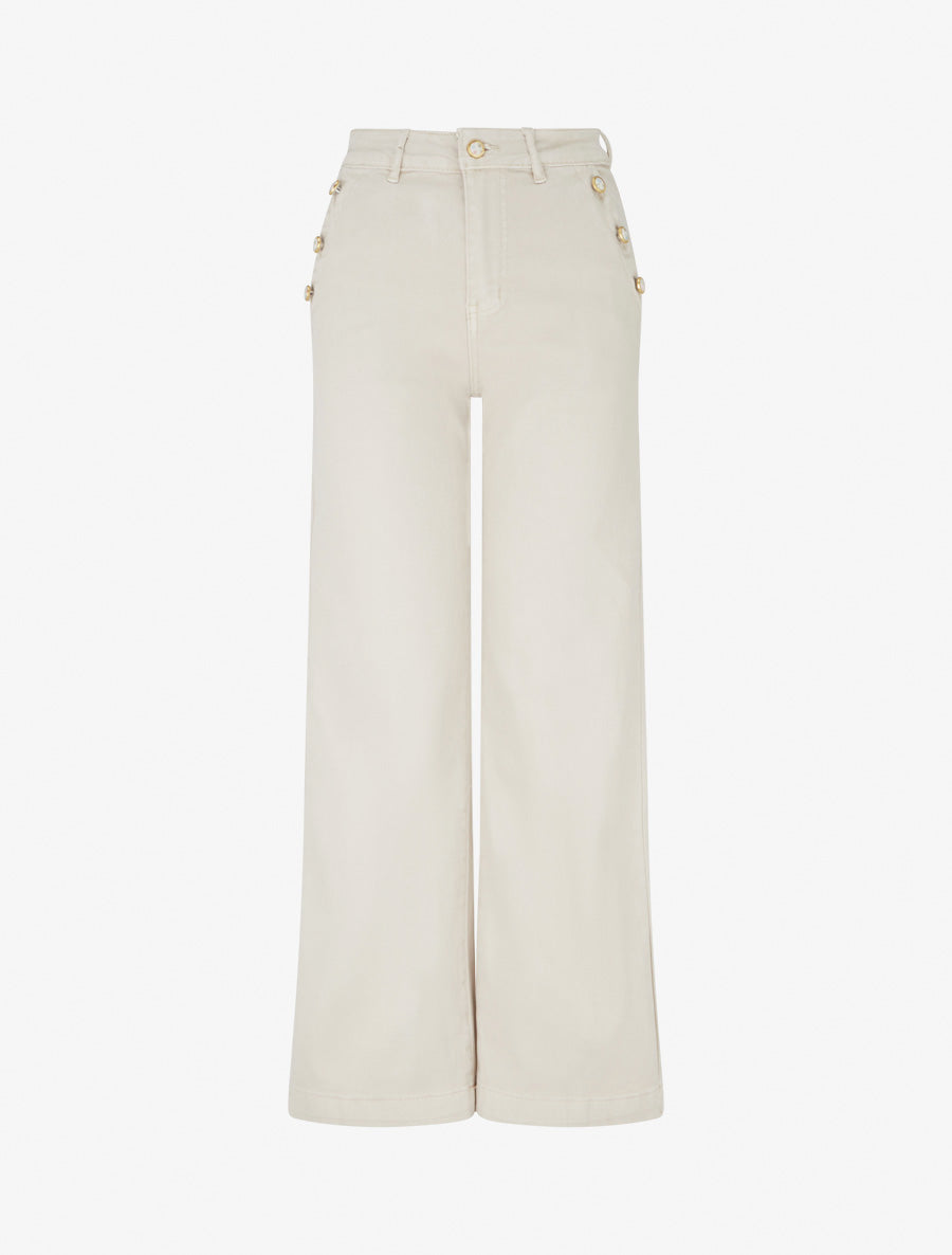 Jean droit à poches boutons fleuris - Beige - 1
