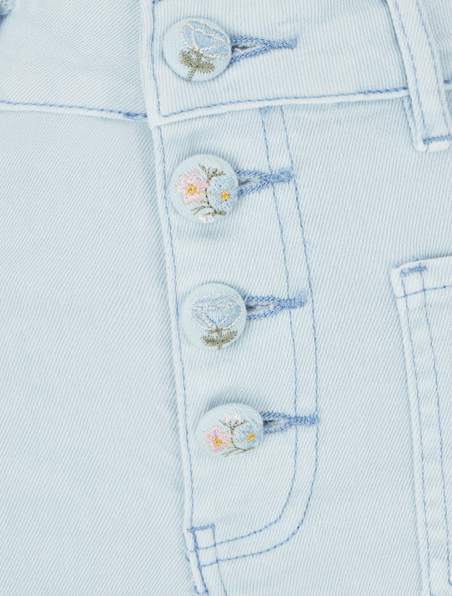 Jean droit à boutons brodés fleuris - Bleu ciel - 3