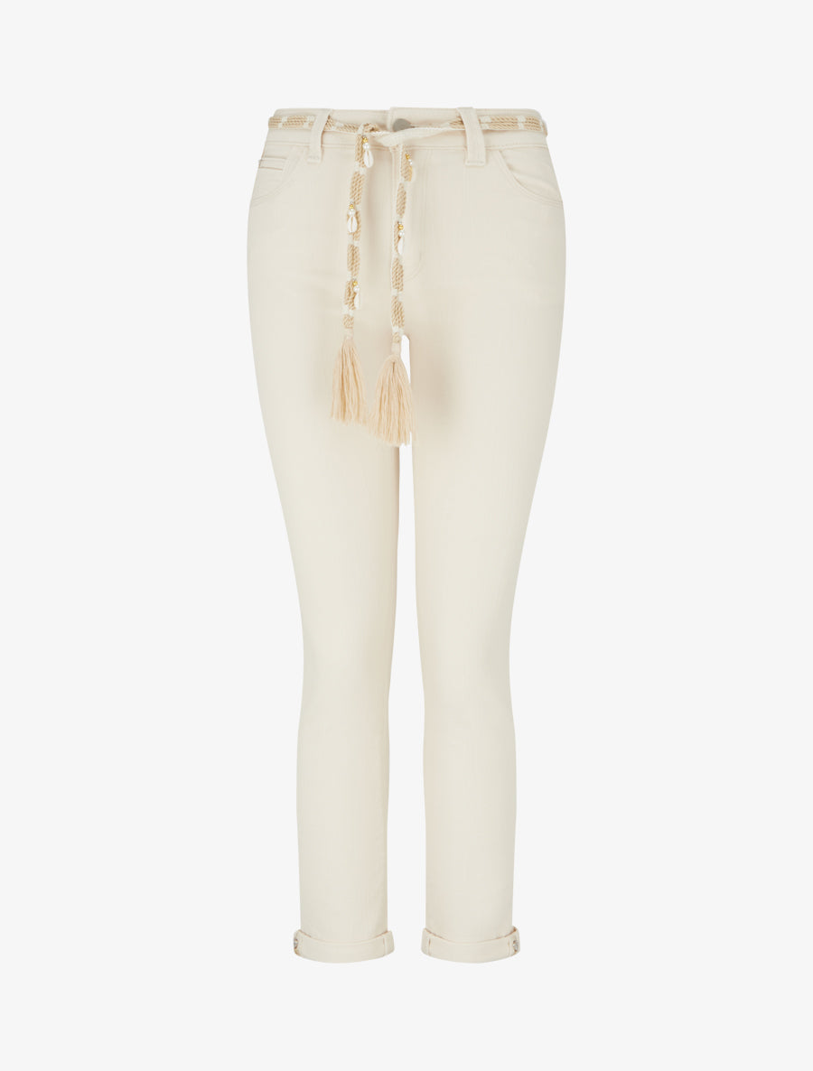 Jean slim à revers et ceinture coquillages - Beige - 1