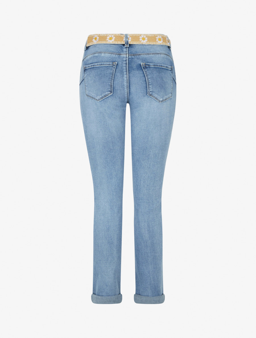 Jean slim à revers et ceinture en osier - Bleu - 2