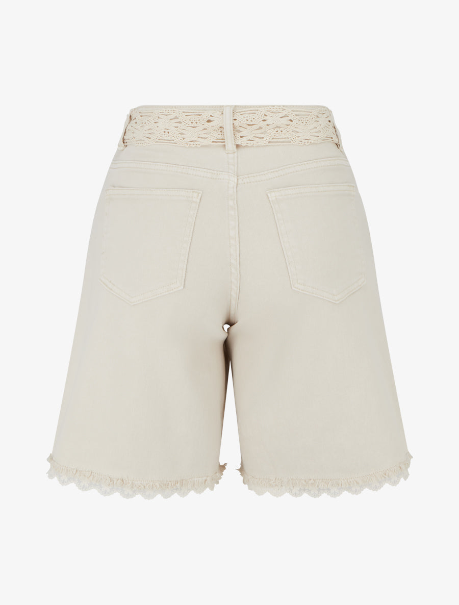 Short en jean à détail dentelle - Beige - 2