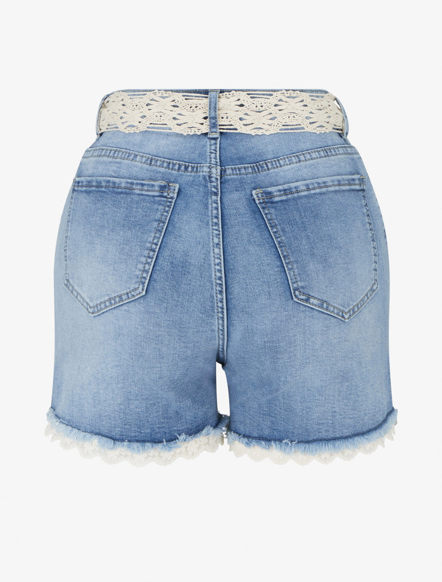Short droit à bords en dentelle - Bleu - 2