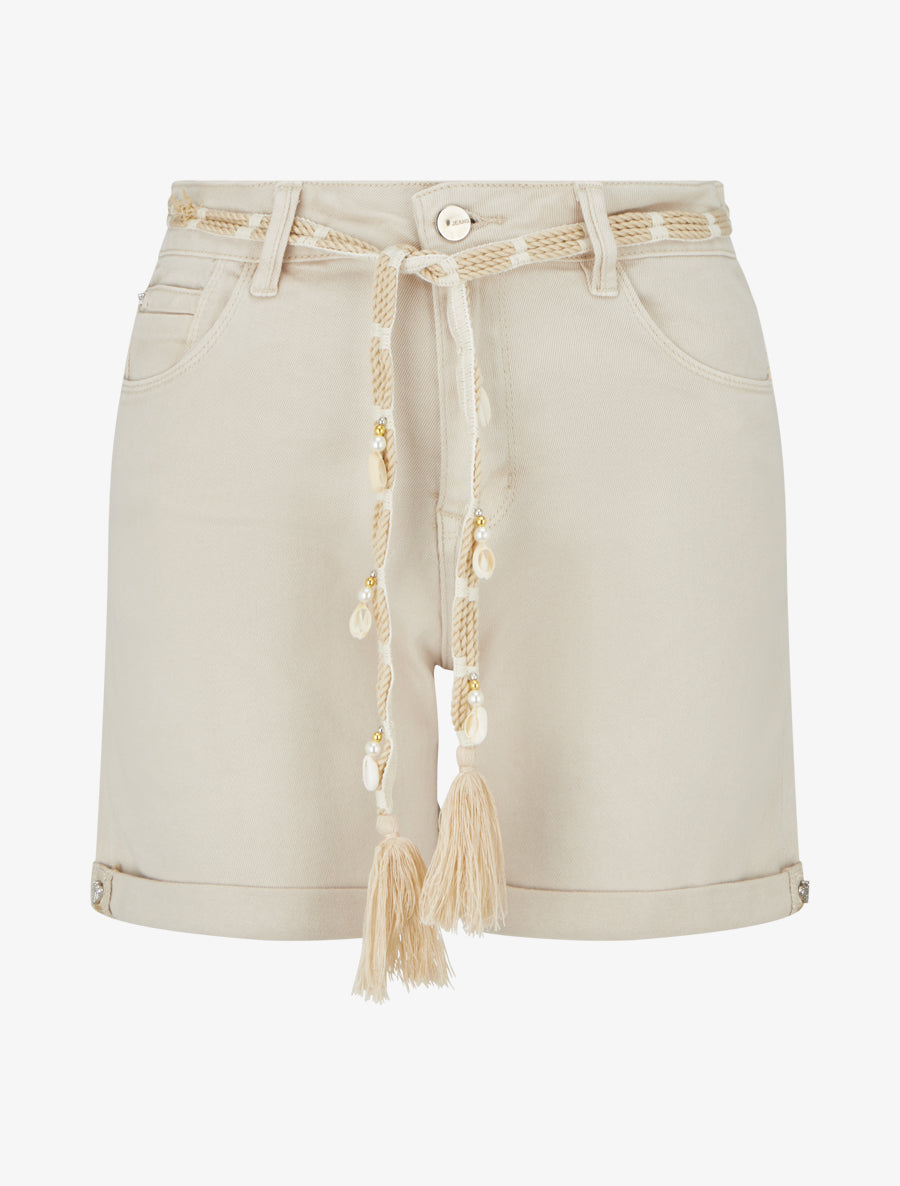 Short uni à ourlets et strass - Beige - 1