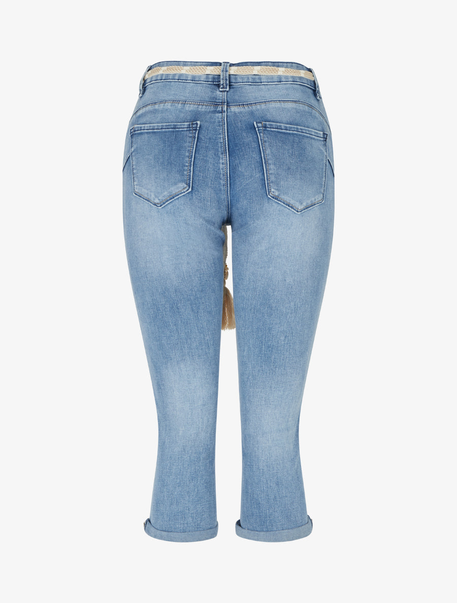 Pantacourt en jean à ceinture coquillages - Bleu - 2