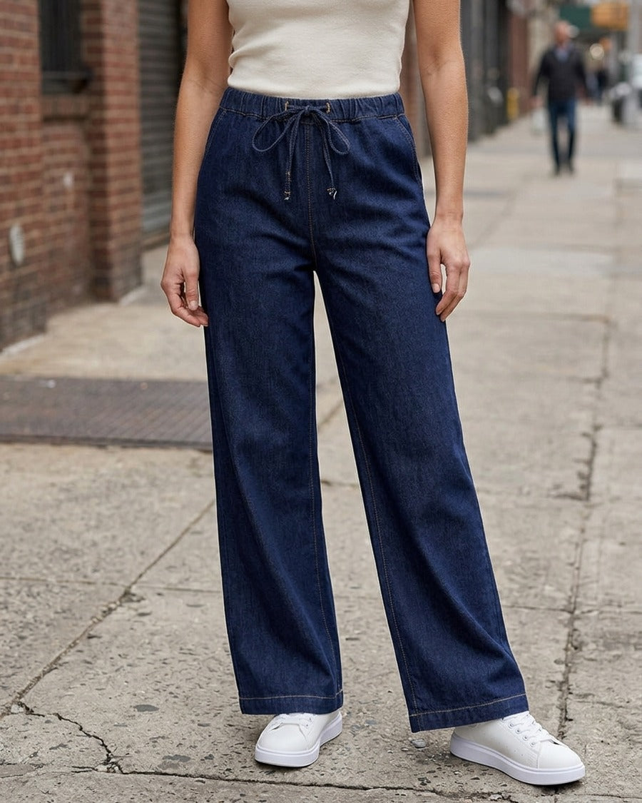 Jean ample à taille haute élastiquée - Bleu brut