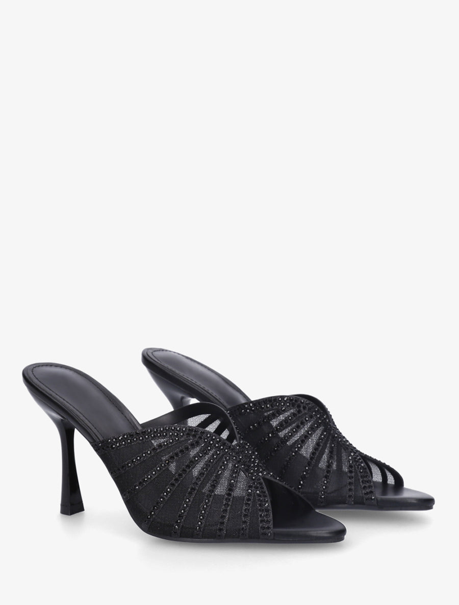 Mules à talon et ganse strassée - Noir - 4