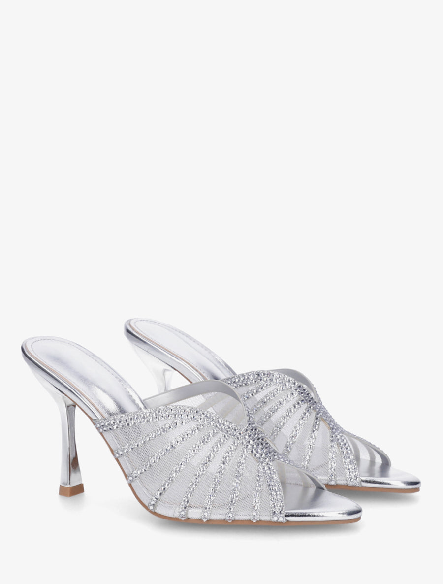 Mules à talon et ganse strassée - Argent - 4