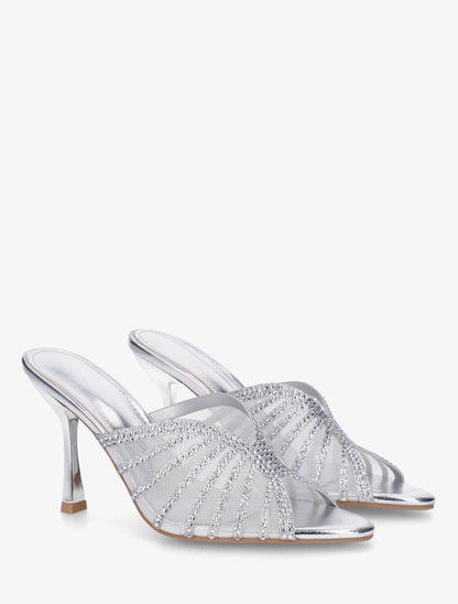 Mules à talon et ganse strassée - Argent - 4