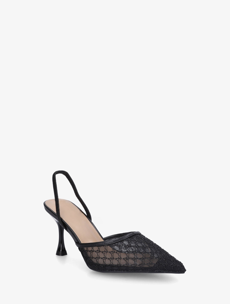 Escarpins à ganse effet résille et brodée - Noir - 2