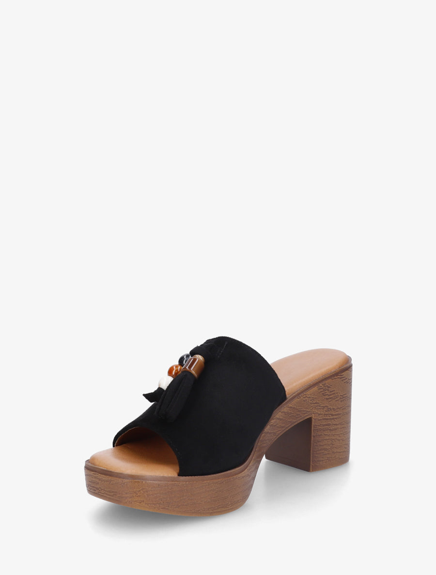 Mules à talon effet bois et empiècement pierres - Noir - 3