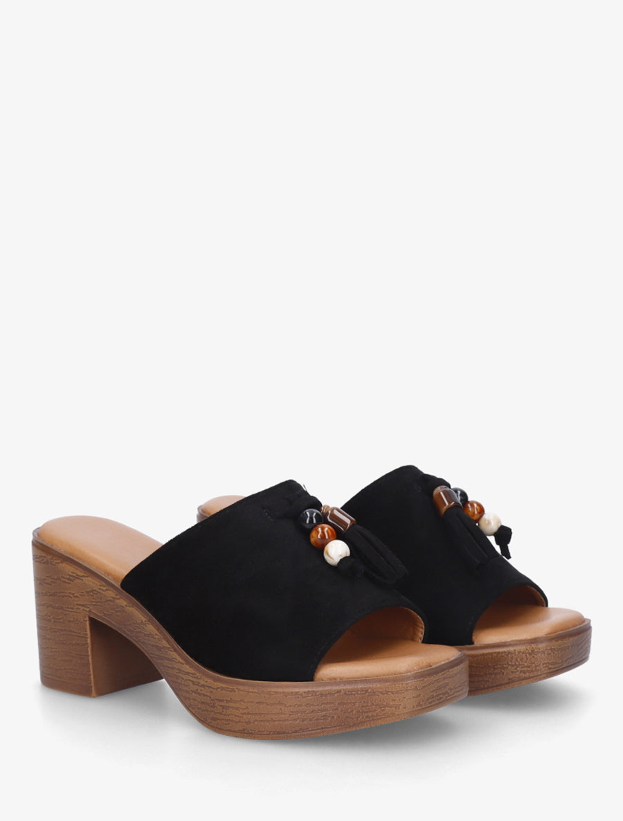 Mules à talon effet bois et empiècement pierres - Noir - 4