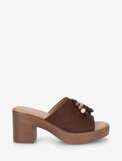 Mules à talon effet bois et empiècement pierres - Marron - 1