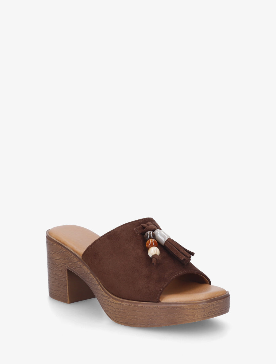 Mules à talon effet bois et empiècement pierres - Marron - 2