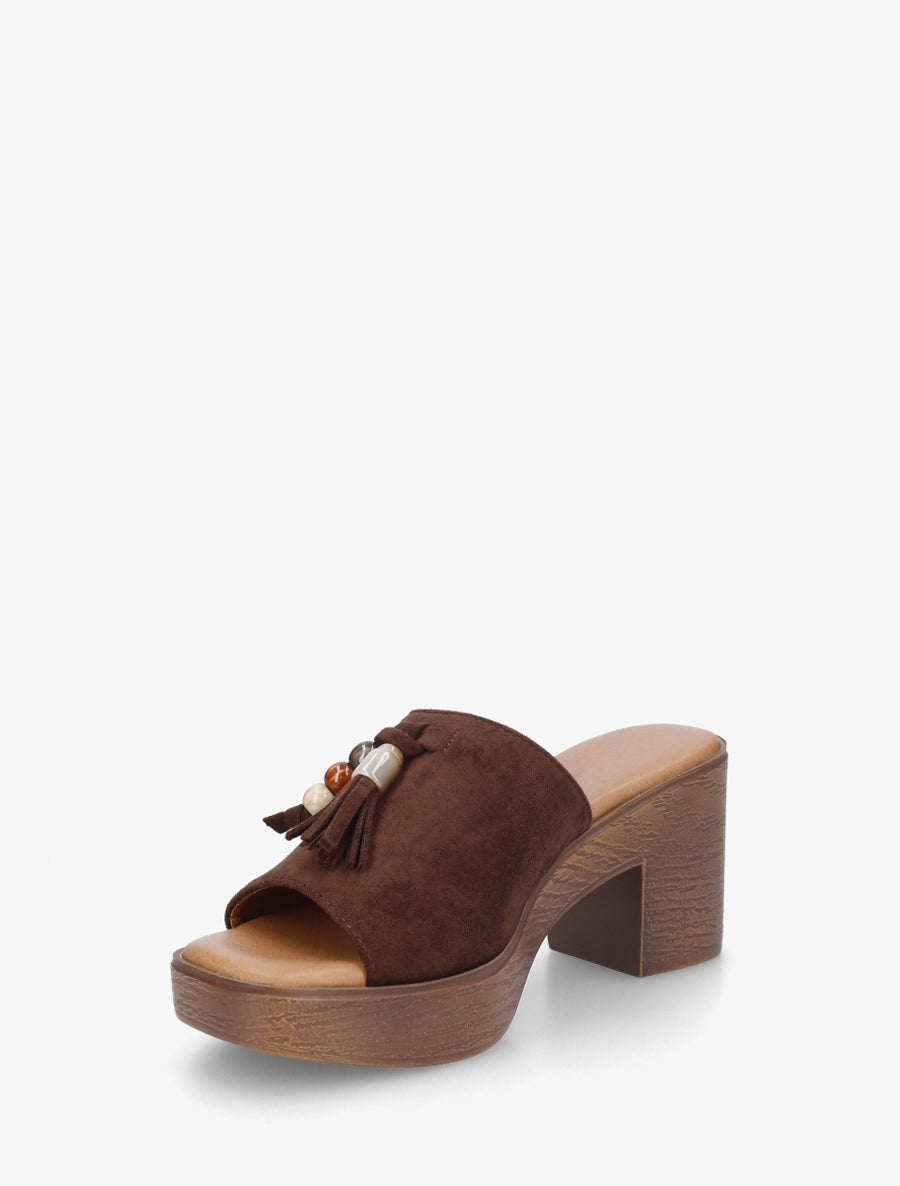 Mules à talon effet bois et empiècement pierres - Marron - 3
