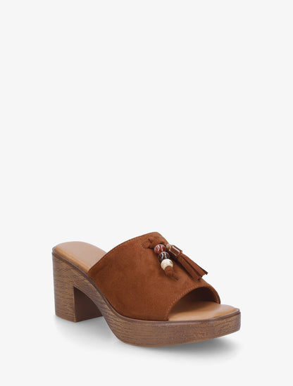 Mules à talon effet bois et empiècement pierres - Camel - 2