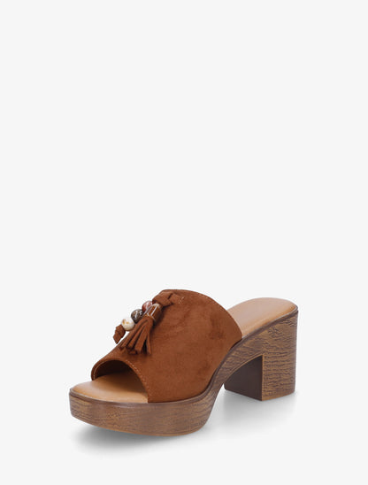 Mules à talon effet bois et empiècement pierres - Camel - 3