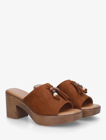 Mules à talon effet bois et empiècement pierres - Camel - 4