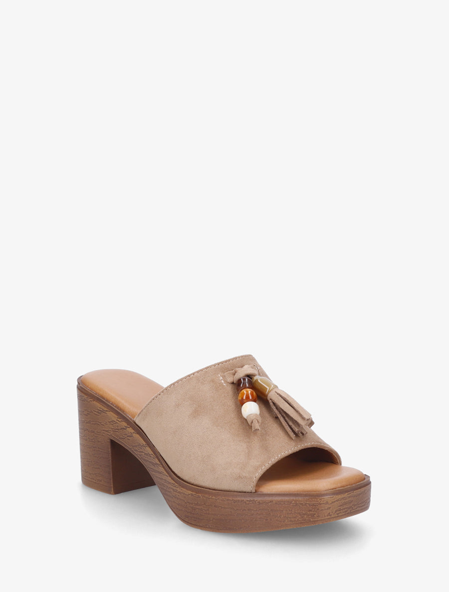 Mules à talon effet bois et empiècement pierres - Taupe - 2