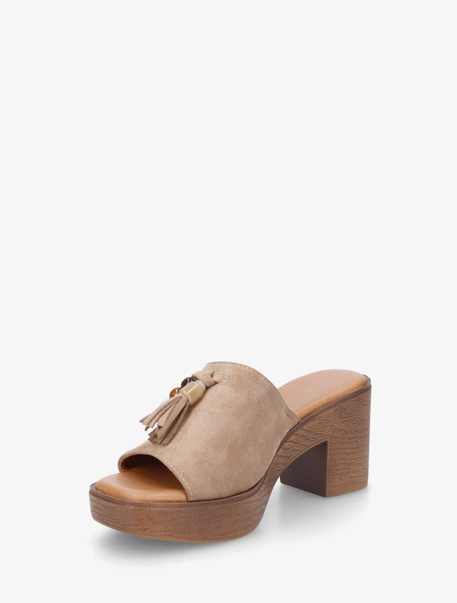 Mules à talon effet bois et empiècement pierres - Taupe - 3