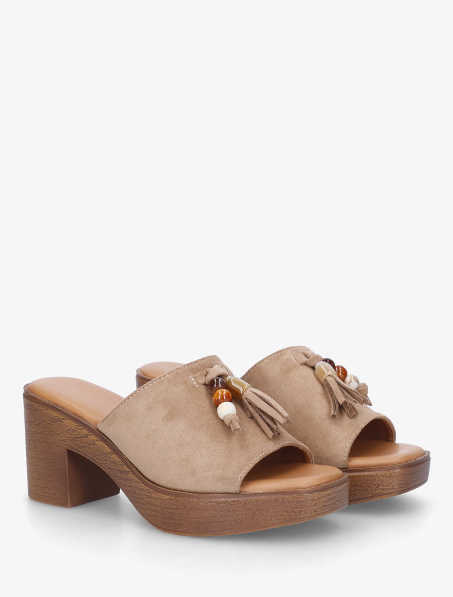 Mules à talon effet bois et empiècement pierres - Taupe - 4