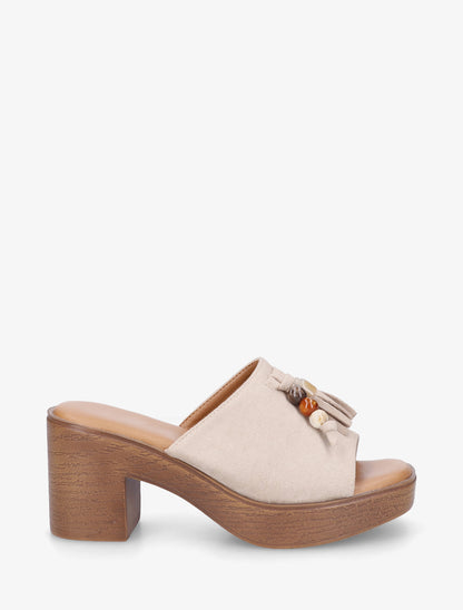 Mules à talon effet bois et empiècement pierres - Beige - 1