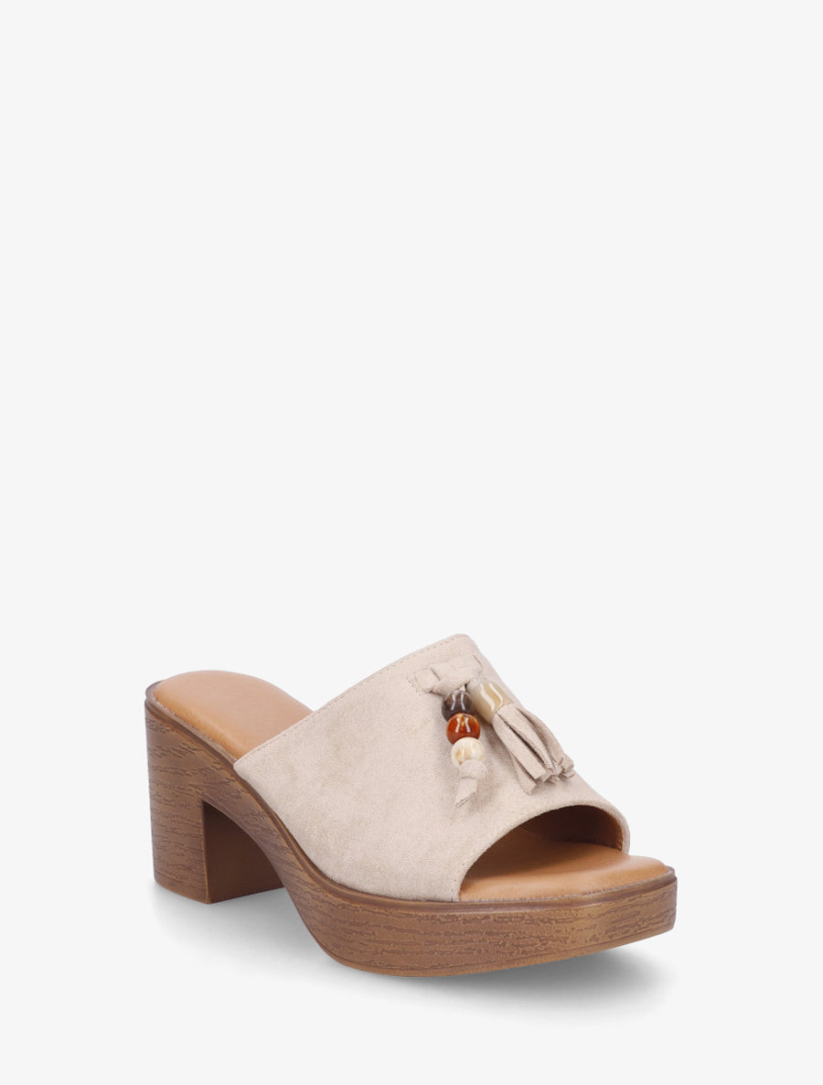 Mules à talon effet bois et empiècement pierres - Beige - 2