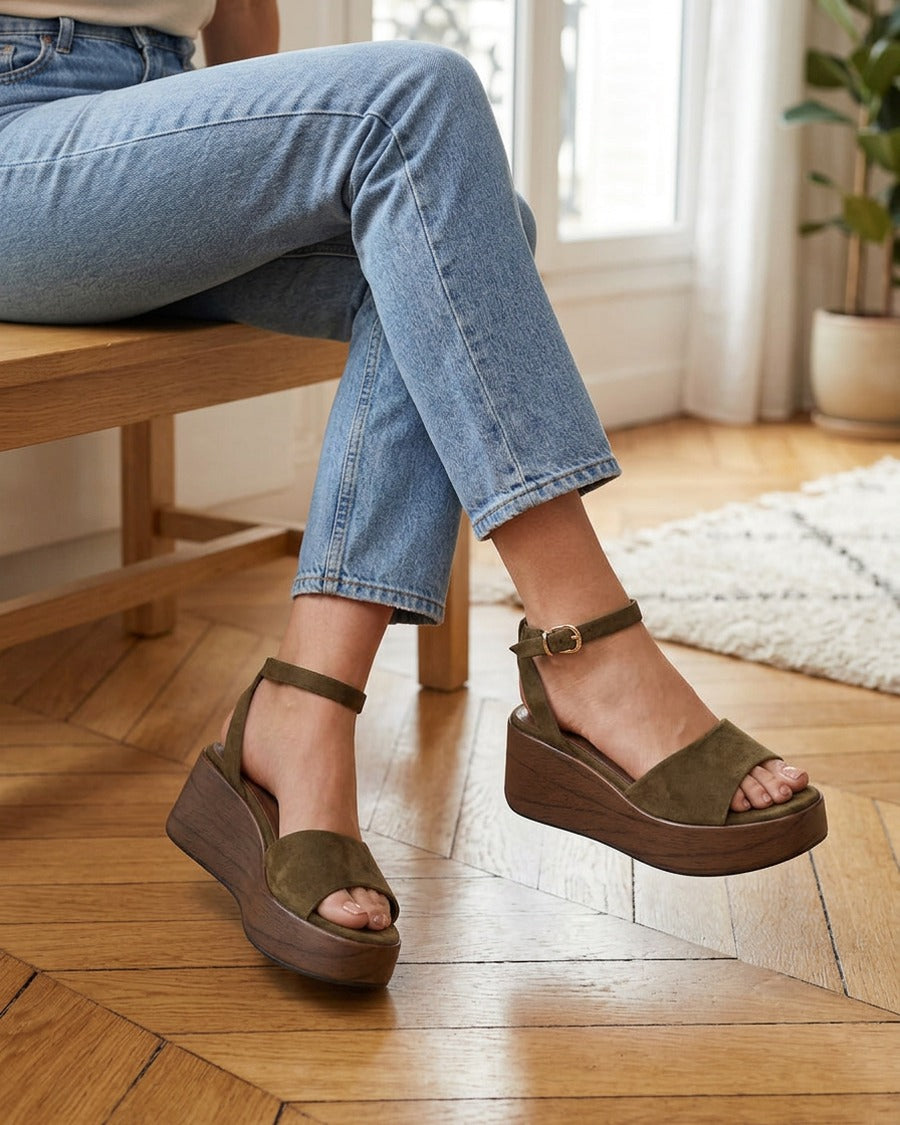 Sandales à semelle compensée effet bois - Kaki foncé