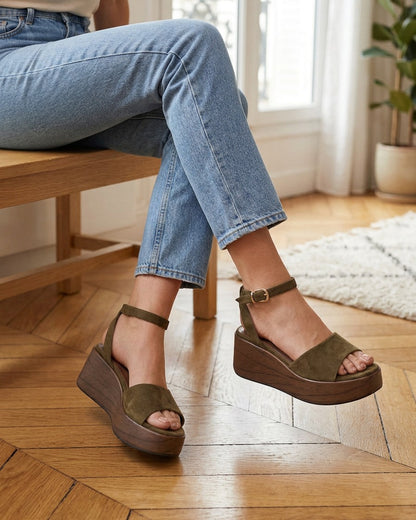 Sandales à semelle compensée effet bois - Kaki foncé