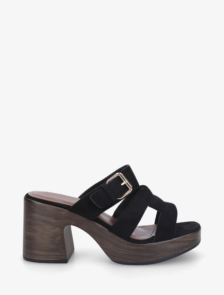 Mules à talon effet bois à boucle - Noir - 1