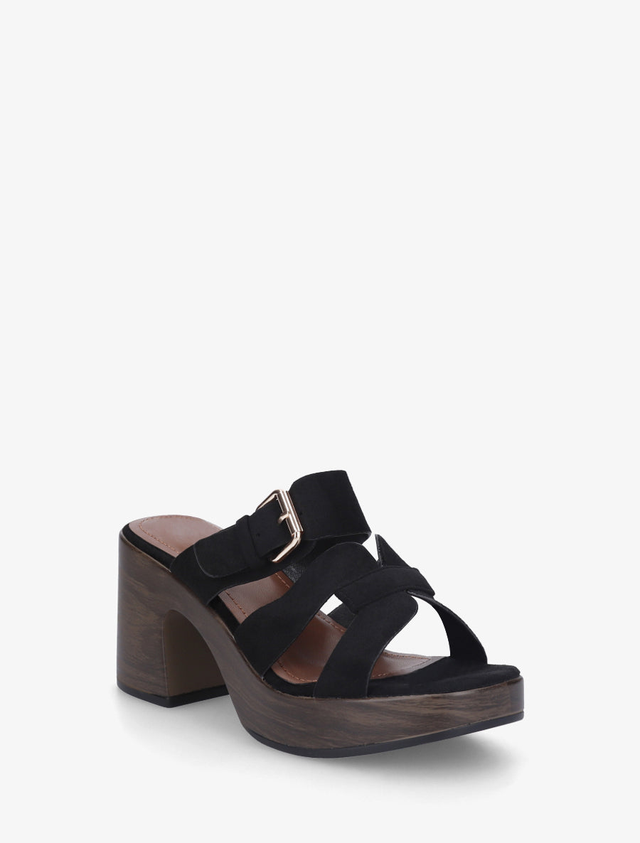 Mules à talon effet bois à boucle - Noir - 2