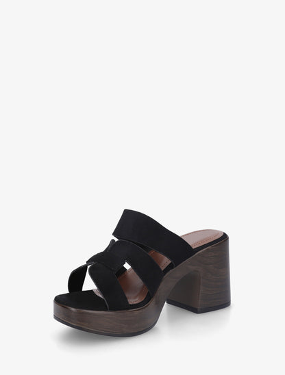 Mules à talon effet bois à boucle - Noir - 3