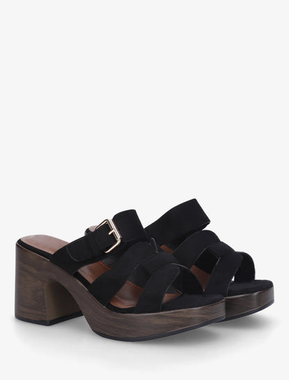 Mules à talon effet bois à boucle - Noir - 4
