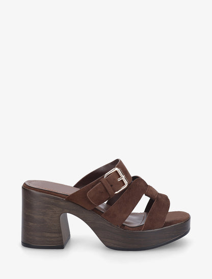Mules à talon effet bois à boucle - Marron - 1