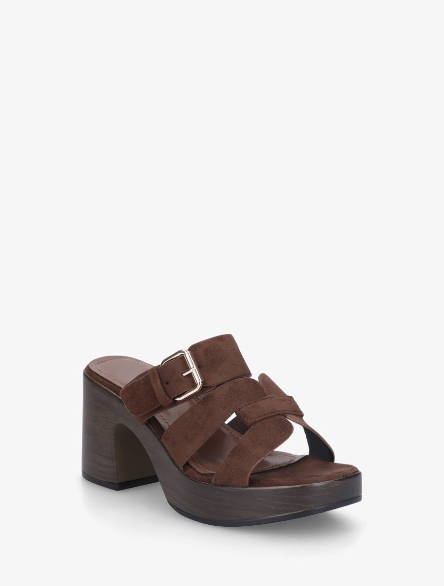 Mules à talon effet bois à boucle - Marron - 2