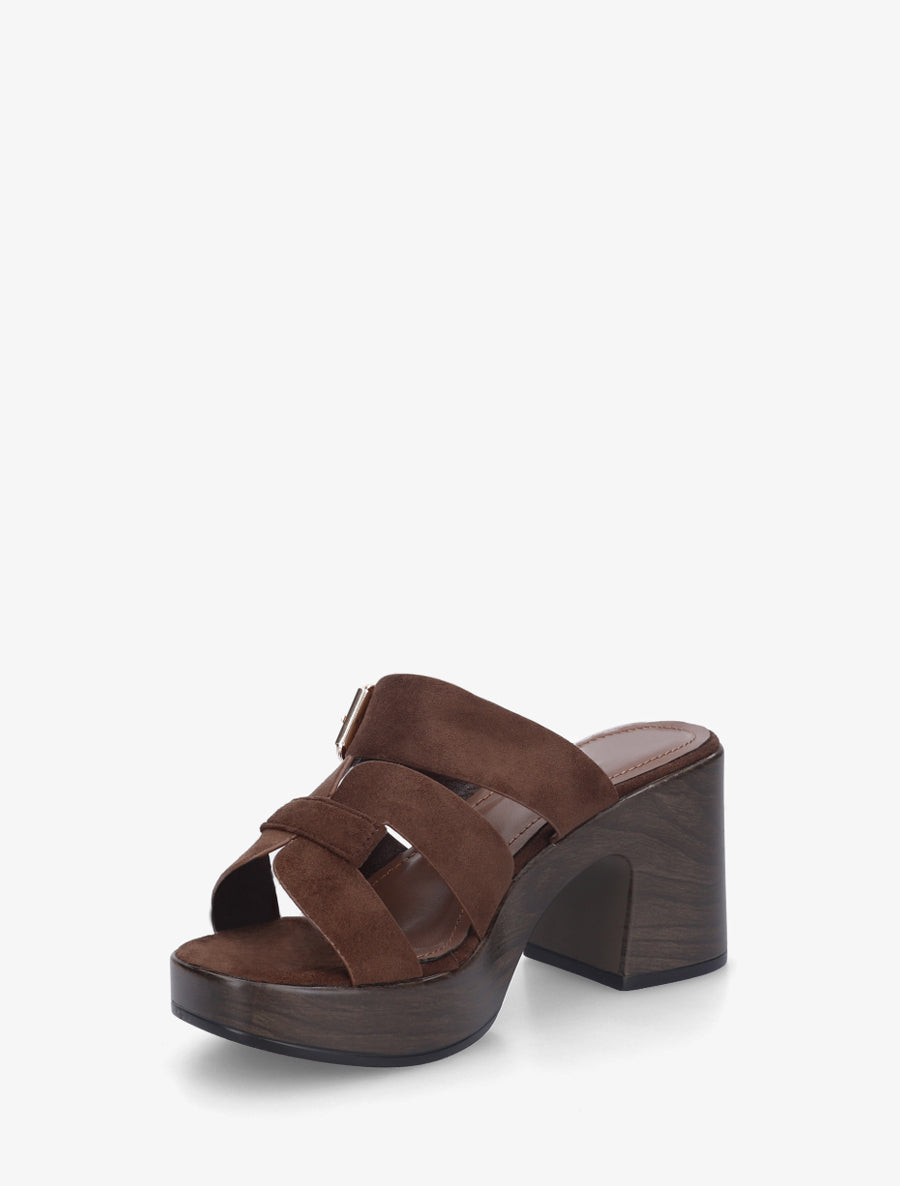 Mules à talon effet bois à boucle - Marron - 3